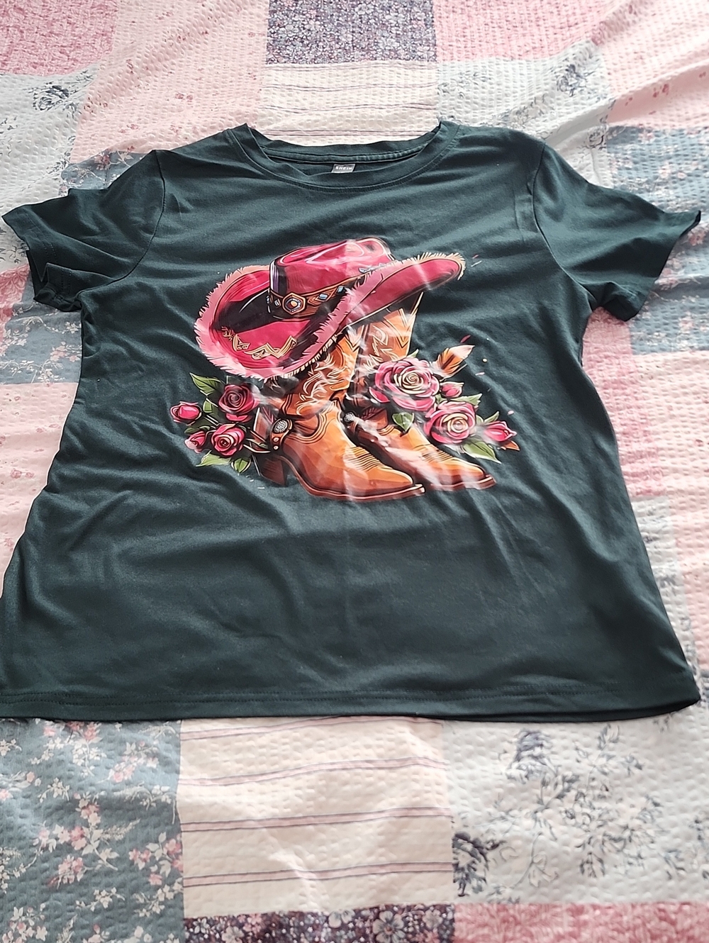 SHEIN Dark Teal Short-Sleeve Tee with Pink Cowboy Hat & Floral Boots Graphic